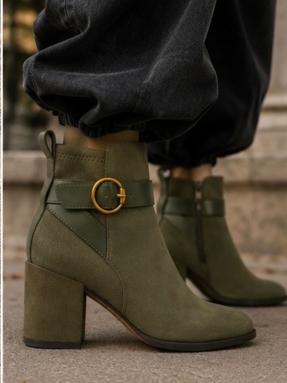 Vionic Tenley Olive Suede Leather Ankle Boots Size 8 Block Heel NWT
